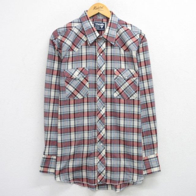 XL★古着 ラングラー 長袖 ウエスタン シャツ メンズ 80年代 80s 大きいサイズ ロング丈 USA製 エンジ系他 チェック 26feb06