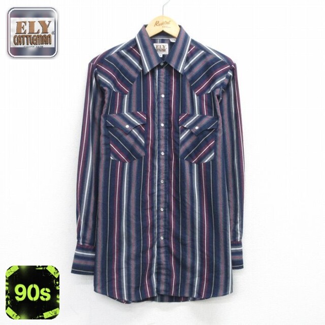 【50%OFF】ELY 90s 長袖ウエスタンシャツ ストライプ ネイビー L | 古着