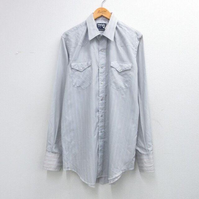 XL★古着 ラングラー 長袖 ウエスタン シャツ メンズ 80年代 80s ロング丈 USA製 薄紺他 ストライプ 26feb25
