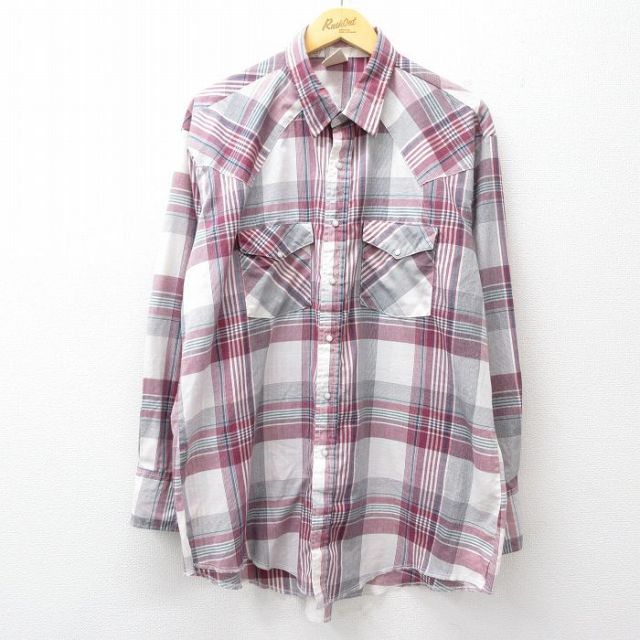 XL★古着 長袖 ウエスタン シャツ メンズ 90年代 90s 大きいサイズ USA製 エンジ他 チェック 26apr06