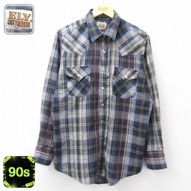 【20%OFF】ELY 90s 長袖ウエスタンシャツ ネイビーチェック メンズXL相当 | 古着