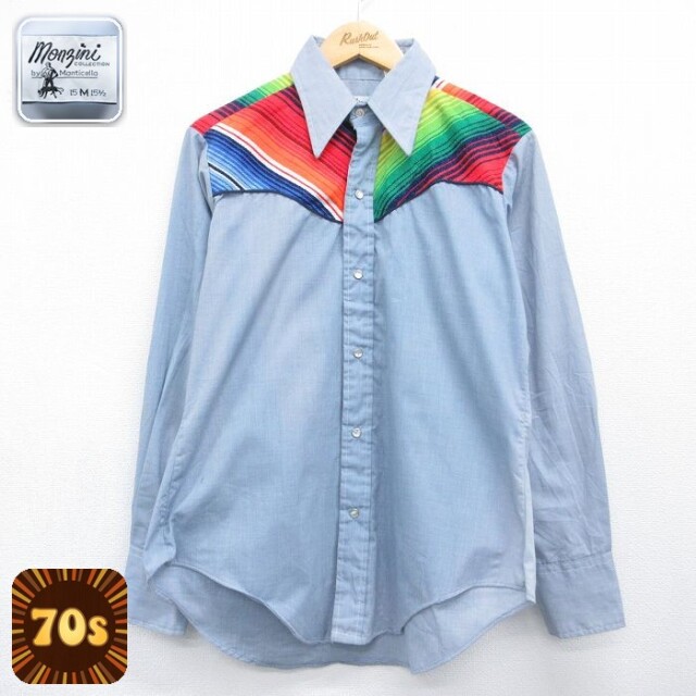 70s 長袖ウエスタンシャツ シャンブレー ライトブルー メンズL相当 | 古着