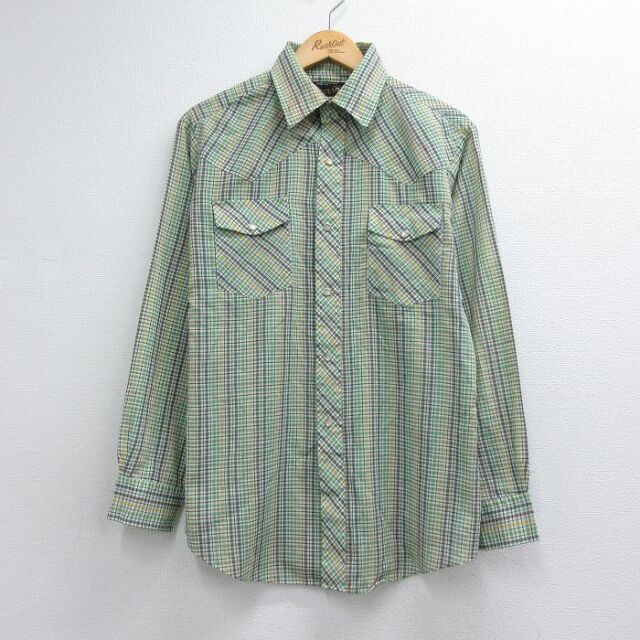 70s 長袖ウエスタンシャツ チェック グリーン メンズM相当 | 古着