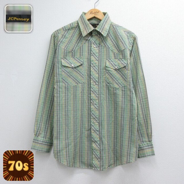 70s 長袖ウエスタンシャツ チェック グリーン メンズM相当 | 古着