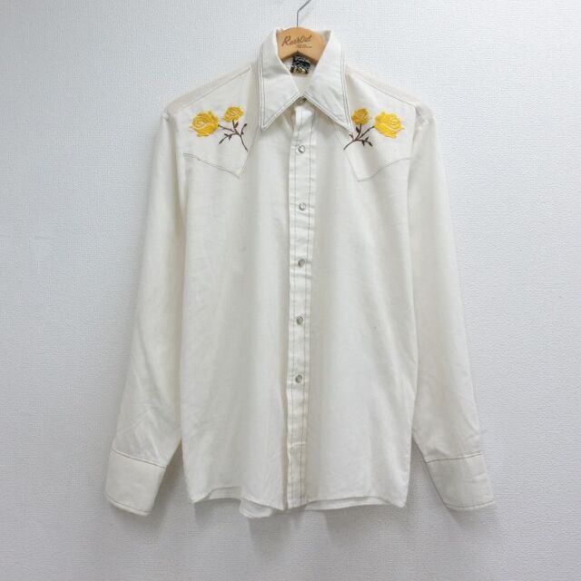 70s ウエスタンシャツ 花刺繍 ホワイト メンズL相当 | 古着