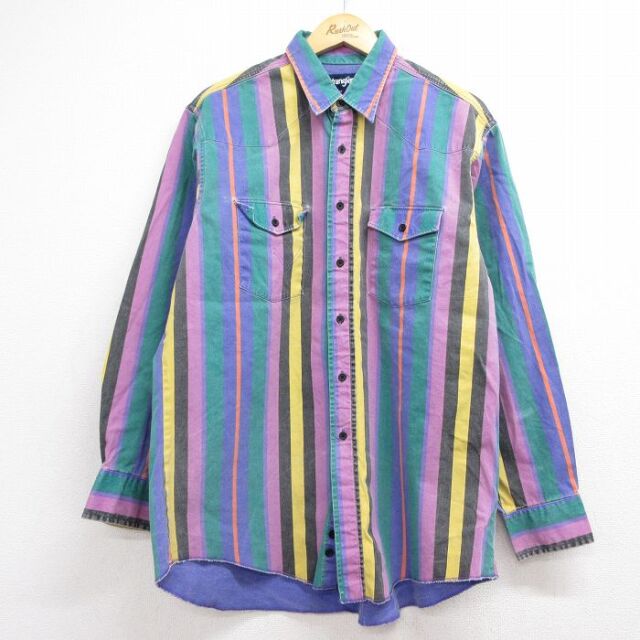 XL★古着 ラングラー 長袖 ウエスタン シャツ メンズ 90年代 90s ロング丈 コットン USA製 パープル ストライプ【spe】 26aug06