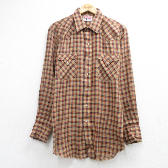L★古着 長袖 ウエスタン シャツ メンズ 80年代 80s ロングス スナップボタン フラップポケット USA製 ベージュ チェック【spe】 26aug17