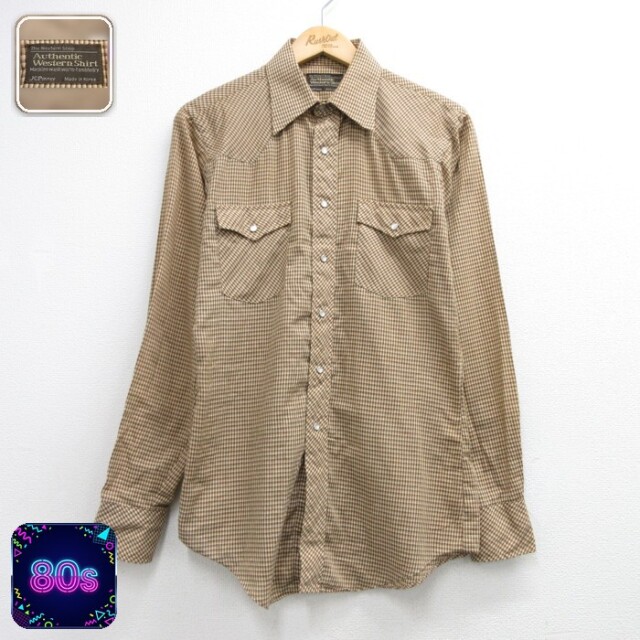 JCPenney 80s 長袖ウエスタンシャツ スナップボタン ブラウンチェック メンズS相当 | 古着