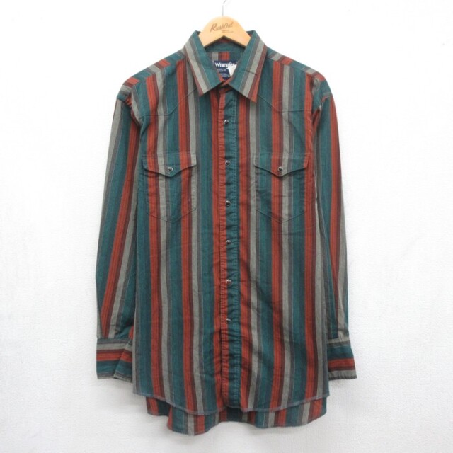 XL★古着 ラングラー Wrangler 長袖 ウエスタン シャツ メンズ 90年代 90s スナップボタン USA製 グリーン ストライプ 26aug19