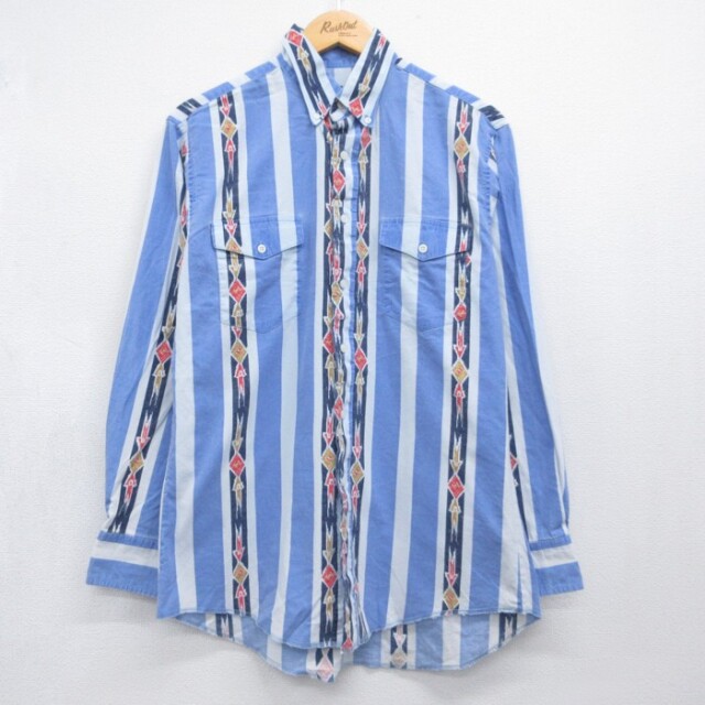L★古着 ラングラー Wrangler 長袖 ウエスタン シャツ メンズ 90年代 90s ネイティブ柄 コットン ボタンダウン ライトブルー ストライプ USA製【spe】 26aug20