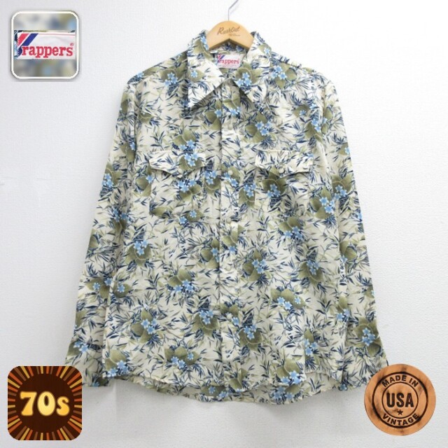 70s 長袖ウエスタンシャツ 花柄 ベージュ メンズM相当 | 古着