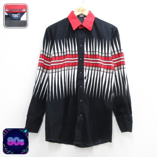 BROOKS&DUNN 80s 長袖ウエスタンシャツ 総柄 ブラック メンズS相当 | 古着