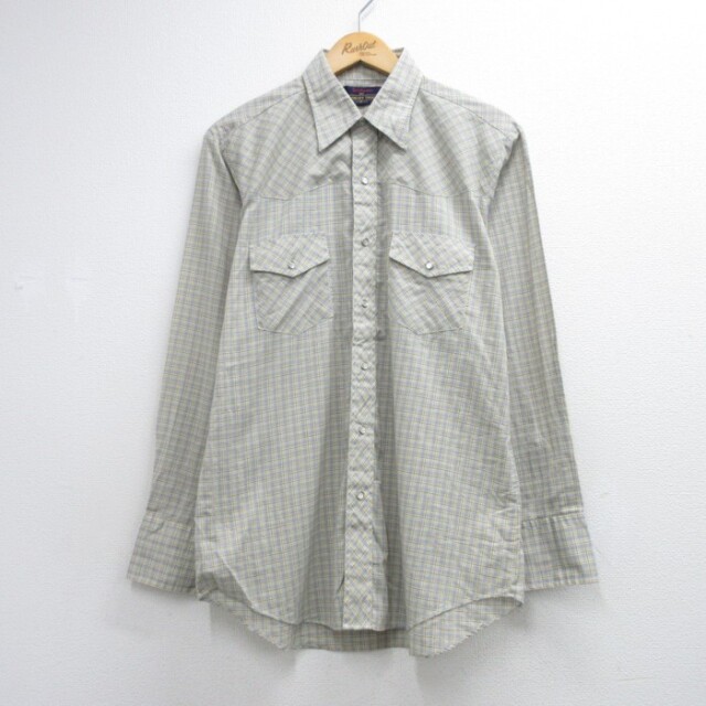80s 長袖ウエスタンシャツ スナップボタン グレーチェック メンズL相当 | 古着