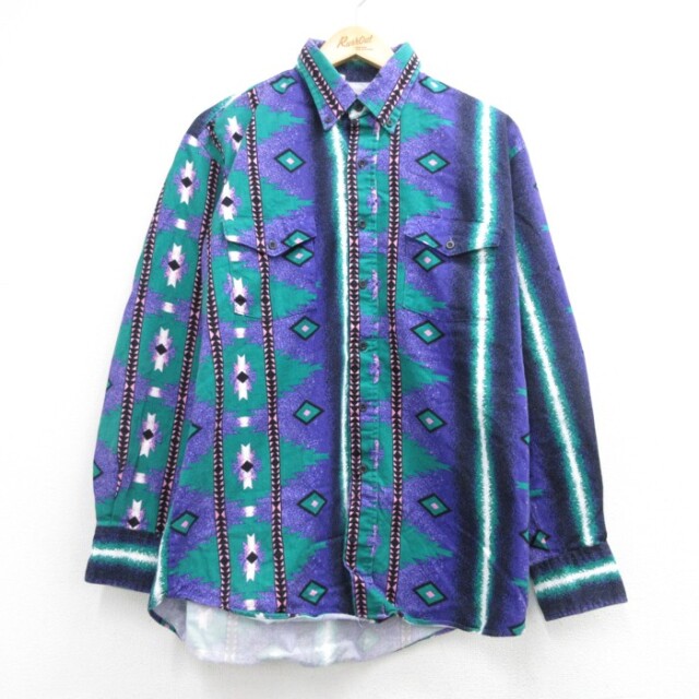 L★古着 KARMAN 長袖 ウエスタン シャツ メンズ 90年代 90s ネイティブ柄 フラップポケット コットン ボタンダウン 総柄 USA製 パープル【spe】 26aug21