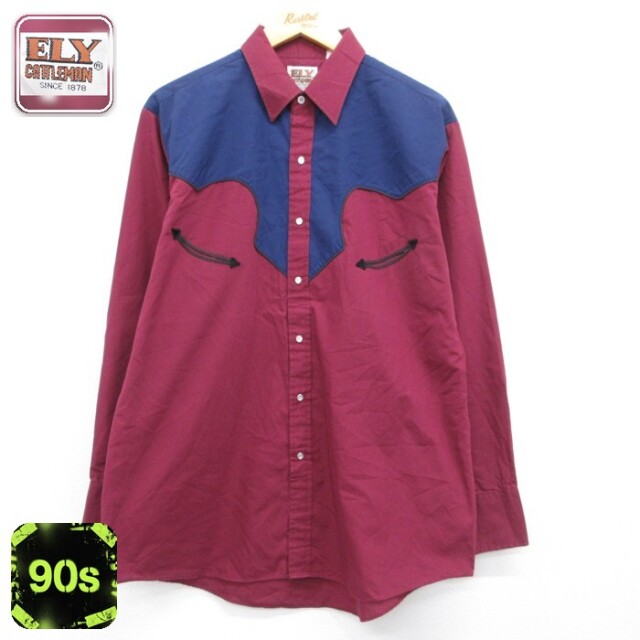 ELY CATTLEMAN 90s 長袖ウエスタンシャツ ツートンカラー バーガンディ メンズXL相当 | 古着