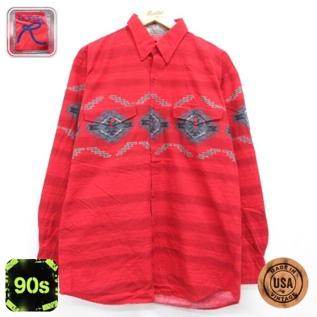 ROPER 90s 長袖ウエスタンシャツ ネイティブ柄 レッド メンズXL相当 | 古着
