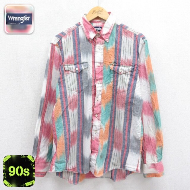 ラングラー 90s 長袖ウエスタンシャツ IRREGULAR ピンクストライプ メンズM相当 | 古着