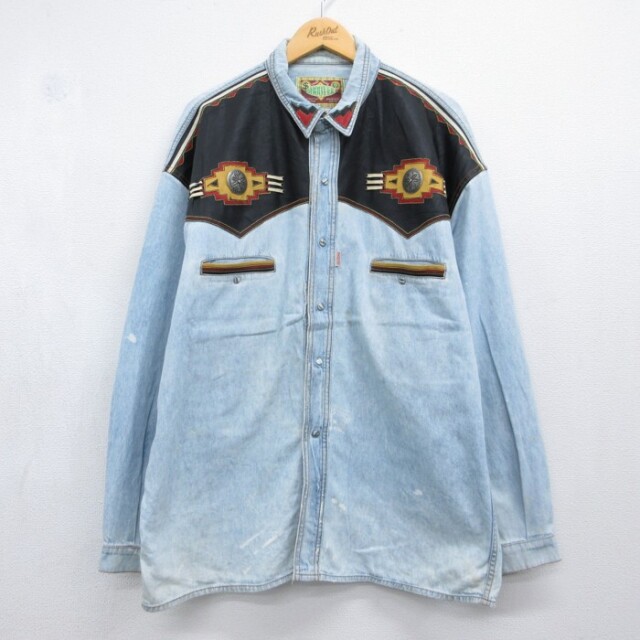XL★古着 SHOOTER 長袖 シャツ メンズ 90年代 90s ウエスタン レザー使用 大きいサイズ ロング丈 コットン ネイビー デニム【spe】 26oct09