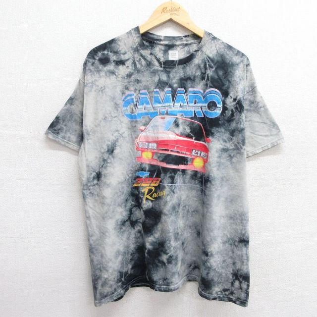 XL★古着 半袖 Tシャツ メンズ 車 カマロ シボレー レーシング 大きいサイズ コットン クルーネック 黒他 ブラック タイダイ 25apr25 中古