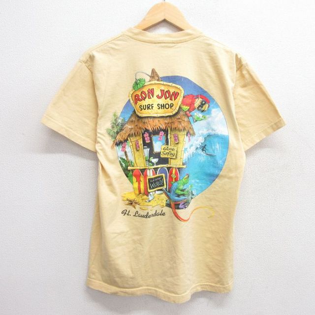 L★古着 ロンジョン 半袖 ビンテージ Tシャツ メンズ 90年代 90s サーフィン トカゲ ビーチ コットン クルーネック USA製 薄黄 イエロー 25apr25 中古