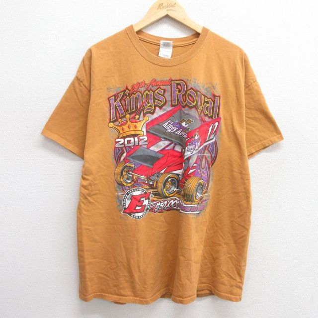 XL★古着 半袖 Tシャツ メンズ レーシングカー キングスロイヤル コットン クルーネック 茶系 ブラウン 25apr25 中古