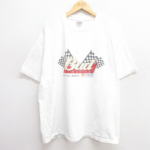 XL★古着 半袖 ビンテージ Tシャツ メンズ 90年代 90s　レーシング NASCAR Bud 大きいサイズ コットン クルーネック 白 ホワイト 25apr25 中古