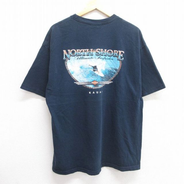 XL★古着 半袖 ビンテージ Tシャツ メンズ 00年代 00s サーフィン ノースショア コットン クルーネック 紺 ネイビー 25apr25 中古