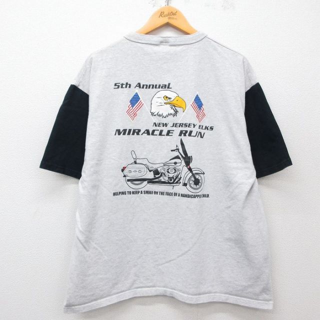XL★古着 半袖 ビンテージ Tシャツ メンズ 90年代 90s バイク 鳥 ツートンカラー 大きいサイズ ヘンリーネック 薄グレー他 霜降り 25may09 中古