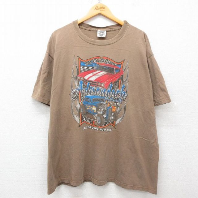 【50%OFF】XL★古着 半袖 ビンテージ Tシャツ メンズ 00年代 00s 車 クラシックカー ホットロッド HOT ROD 大きいサイズ コットン クルーネック 茶 ブラウン 25may09 中古
