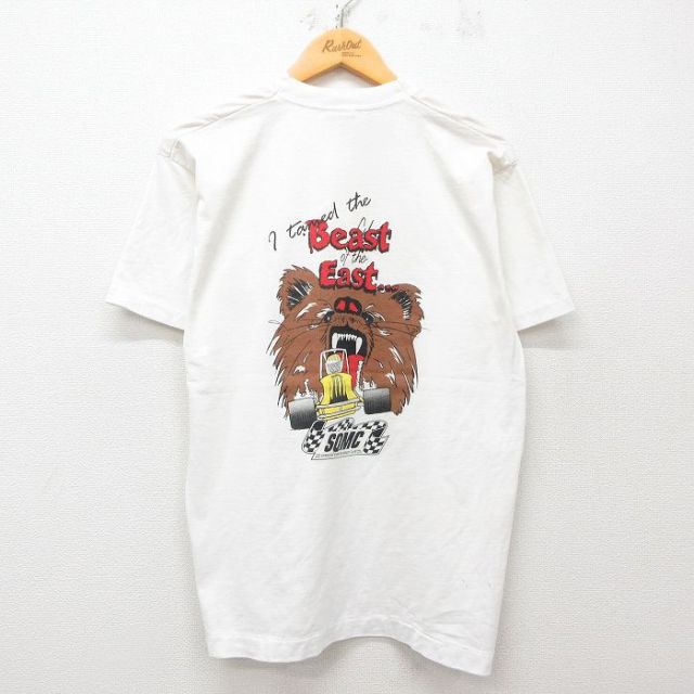 L★古着 フルーツオブザルーム 半袖 ビンテージ Tシャツ メンズ 90年代 90s レーシングカー クマ シラキュース クルーネック 白 ホワイト 25may09 中古