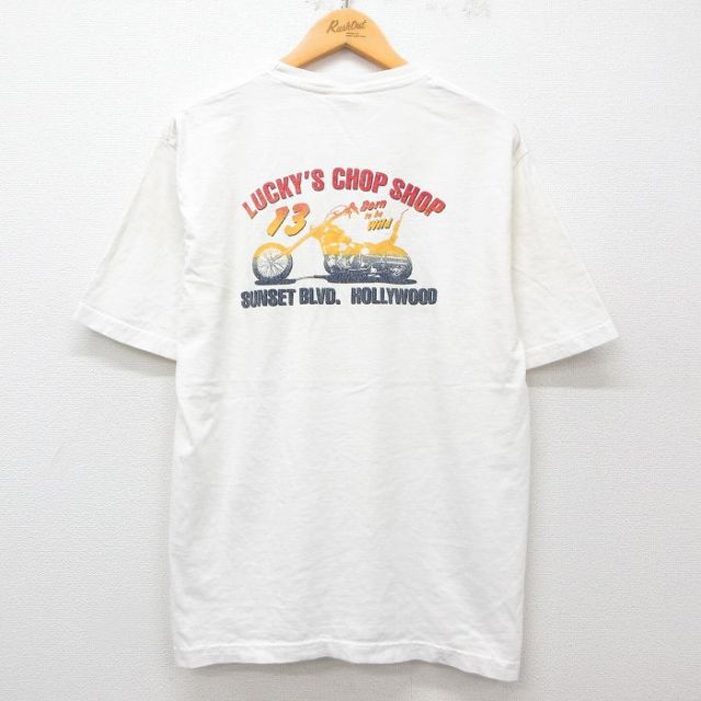 【50%OFF】XL★古着 ラッキーブランド Lucky Brand 半袖 ビンテージ Tシャツ メンズ 90年代 90s バイク コットン クルーネック USA製 白 ホワイト 25may09 中古