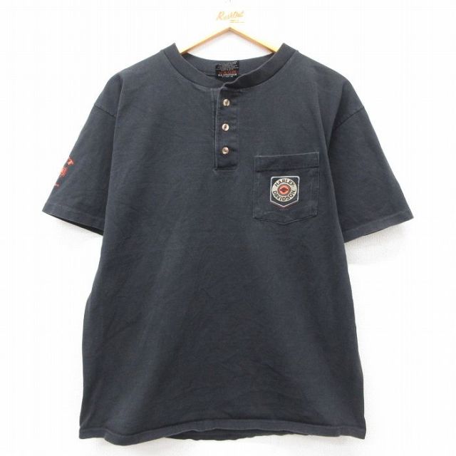 L★古着 ハーレーダビッドソン Harley Davidson 半袖 ビンテージ Tシャツ メンズ 00年代 00s 胸ポケット付き コットン ヘンリーネック 黒 ブラック 【spe】 25may09 中古