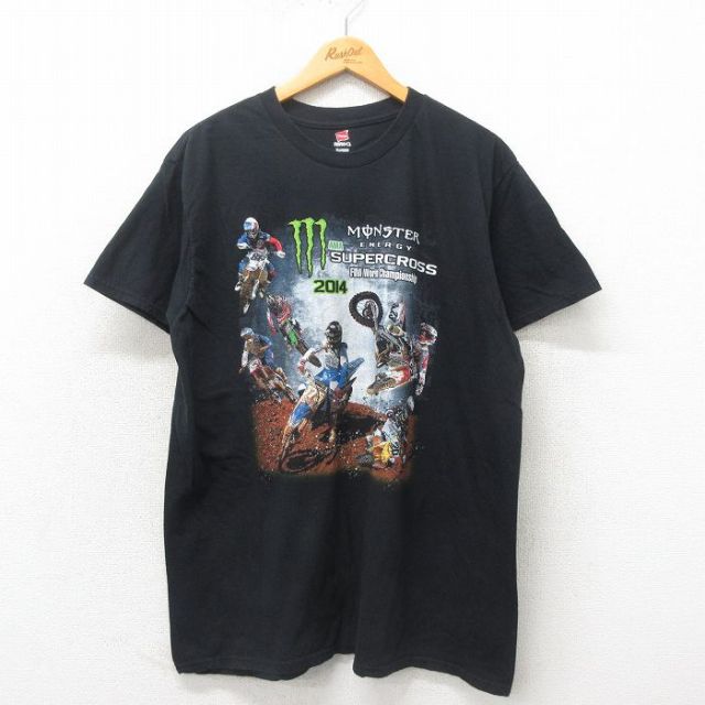 XL★古着 ヘインズ Hanes 半袖 Tシャツ メンズ モトクロス コットン クルーネック 黒 ブラック 25may12 中古