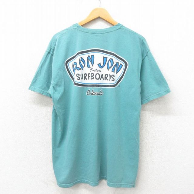 XL★古着 半袖 サーフ Tシャツ メンズ ロンジョン コットン クルーネック 青緑 25may12 中古