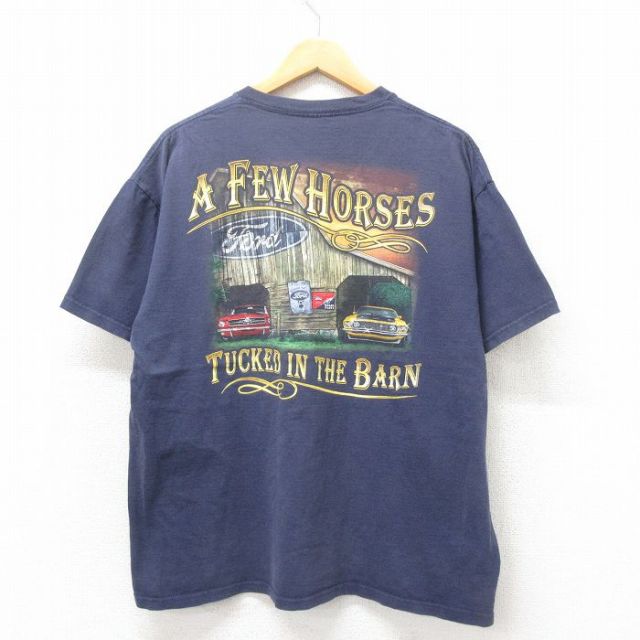 XL★古着 半袖 Tシャツ メンズ フォード ムスタング コットン クルーネック 紺 ネイビー 25may12 中古
