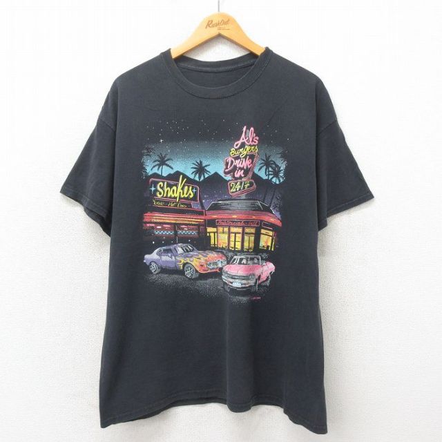 XL★古着 半袖 ビンテージ Tシャツ メンズ 80年代 80s 車 クルーネック 黒 ブラック 25may12 中古