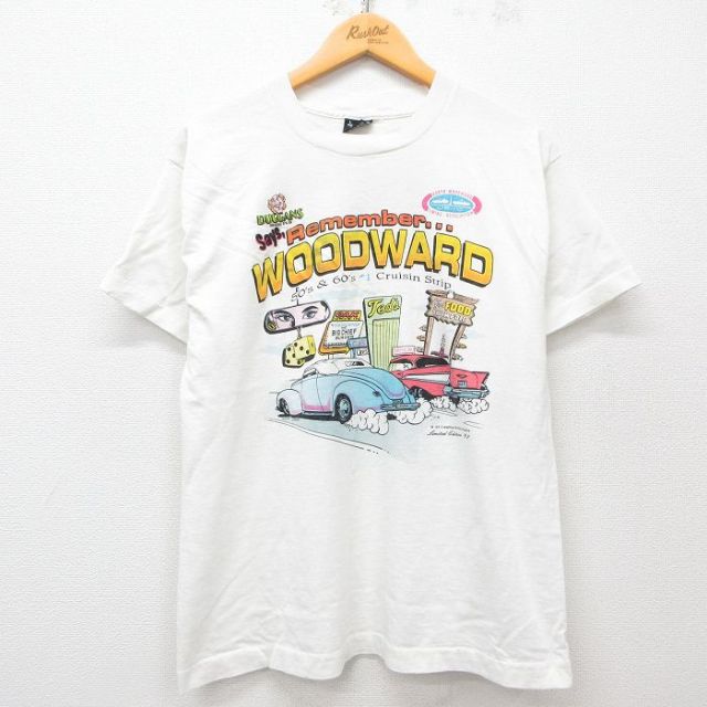 L★古着 フルーツオブザルーム 半袖 ビンテージ Tシャツ メンズ 90年代 90s woodward 車 クルーネック USA製 白 ホワイト 25may15 中古