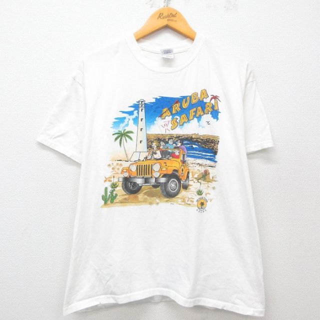 L★古着 半袖 ビンテージ Tシャツ メンズ 00年代 00s ARUBA サファリ 車 コットン クルーネック 白 ホワイト 25may15 中古