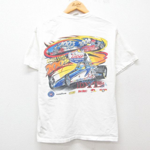 L★古着 ヘインズ Hanes 半袖 ビンテージ Tシャツ メンズ 00年代 00s レーシングカー コットン クルーネック 白 ホワイト 25may15 中古