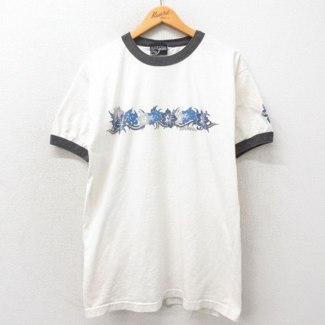 L★古着 ガッチャ 半袖 ビンテージ Tシャツ メンズ 00年代 00s ハイビスカス コットン クルーネック 白 ホワイト リンガー 25may19 中古