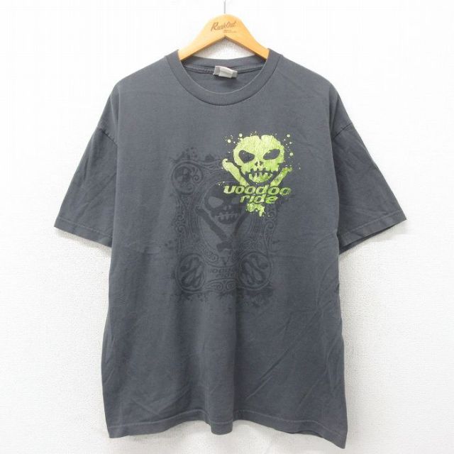 XL★古着 半袖 ビンテージ Tシャツ メンズ 00年代 00s スカル 大きいサイズ コットン クルーネック グレー 25may19 中古