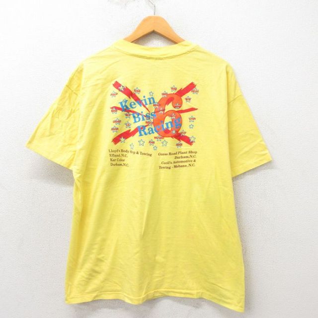 【50%OFF】XL★古着 ヘインズ Hanes 半袖 ビンテージ Tシャツ メンズ 90年代 90s レーシング コットン クルーネック USA製 黄 イエロー 25may19 中古
