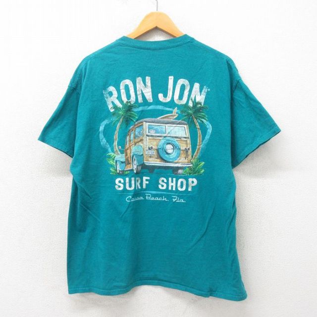 XL★古着 ロンジョン 半袖 サーフ Tシャツ メンズ ウッディワゴン クルーネック 青緑 25may19 中古