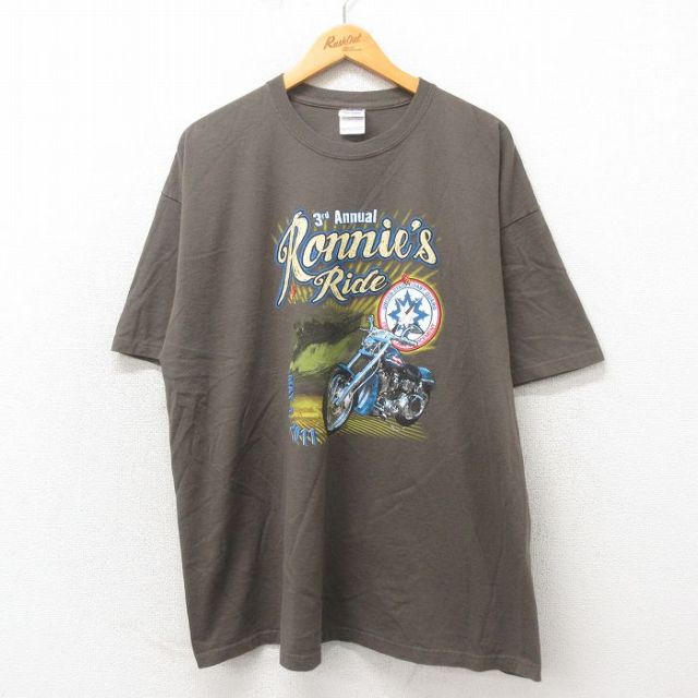 XL★古着 半袖 Tシャツ メンズ バイク 大きいサイズ コットン クルーネック こげ茶 ブラウン 25may19 中古