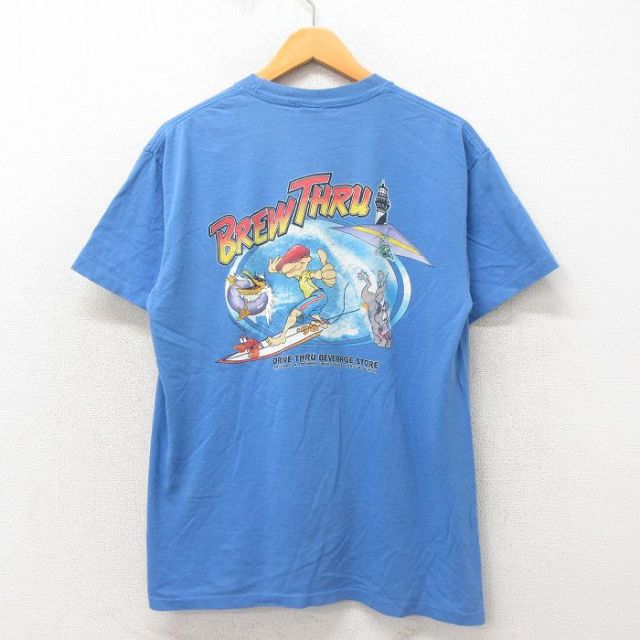 L★古着 半袖 ビンテージ サーフ Tシャツ メンズ 90年代 90s サーフィン コットン クルーネック 薄紺 ネイビー 25may19 中古