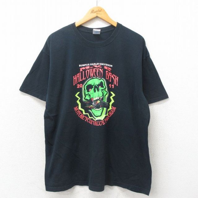 XL★古着 半袖 Tシャツ メンズ スカル バンプスハーレーダビッドソン 大きいサイズ コットン クルーネック 黒 ブラック 25may19 中古