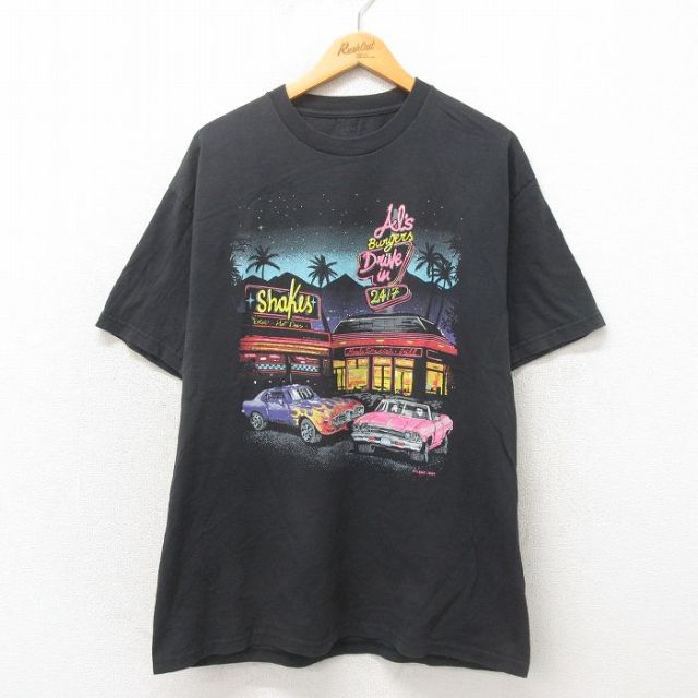 XL★古着 半袖 Tシャツ メンズ 車 コットン クルーネック USA製 黒 ブラック 25may19 中古