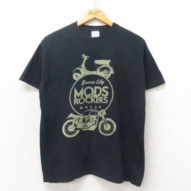 M★古着 半袖 Tシャツ メンズ バイク スクーター 企業広告 コットン クルーネック 黒 ブラック 25may19 中古