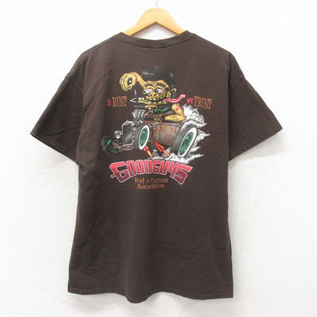 XL★古着 半袖 Tシャツ メンズ ホットロッド HOT ROD コットン クルーネック こげ茶 ブラウン 25may19 中古