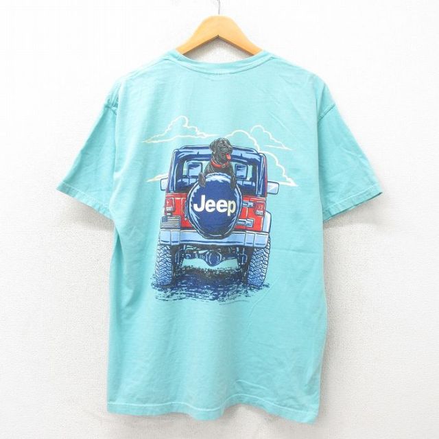 XL★古着 半袖 ビンテージ Tシャツ メンズ ジープ コットン クルーネック 水色 25may19 中古